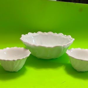 Milk Glass Wild Rose Embossed Footed Bowl an 2 Candleholder Set